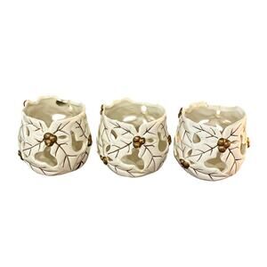 Set of 3 Ceramic Leaf Tealight Candle Holders Cream Gold Cutout Autumn Decor